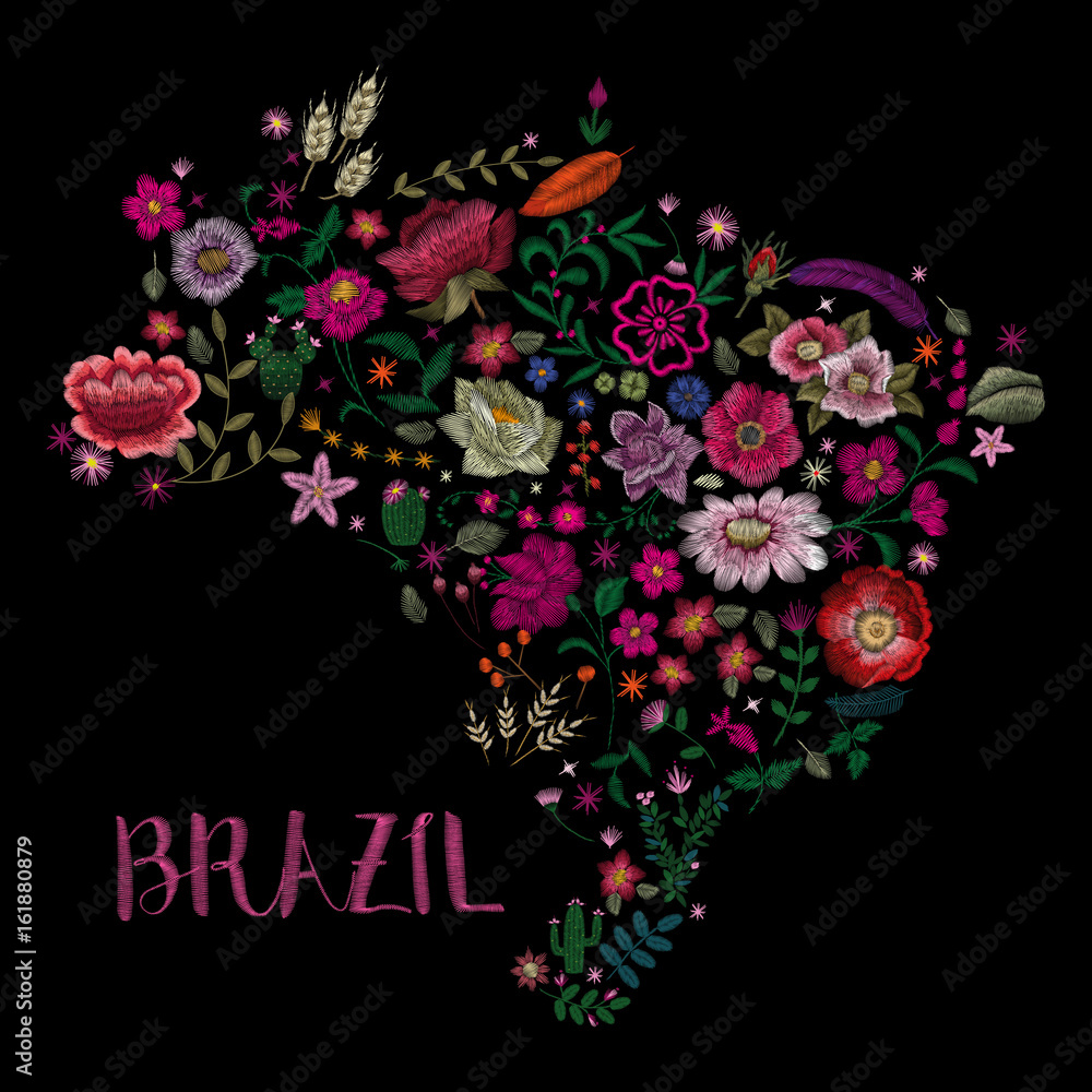 Map of brazil. Traditional folk fashionable stylish embroidery stitch. Floral motif. Sketch for printing on clothing, fabric, accessories and design. vector Map of brazil. Traditional folk fashionable stylish embroidery stitch. Floral motif. Sketch for printing on clothing, fabric, accessories and design. vector