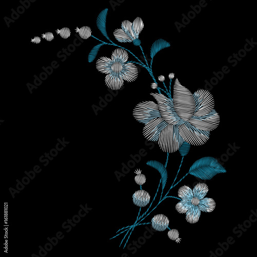 Set of Peony. Traditional folk stylish stylish floral embroidery on the black background. Sketch for printing on clothing, fabric, masks, accessories and design. Trend vector