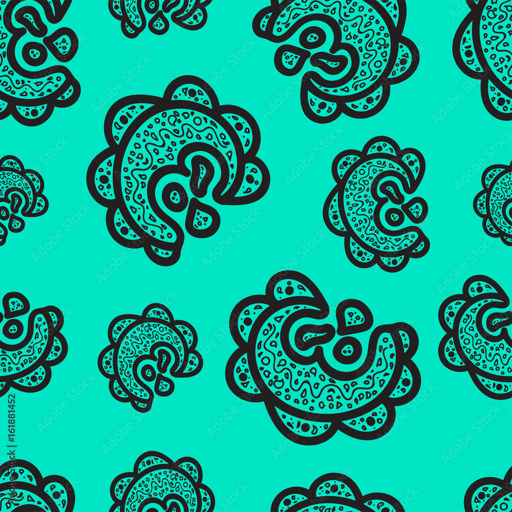 Seamless pattern. Black doodle elements on turquoise background. Ornaments for web, wrapping paper, print, fabric, textile design. Vector illustration. Bright texture. Abstract backdrop. Aztec style. Seamless pattern. Black doodle elements on turquoise background. Ornaments for web, wrapping paper, print, fabric, textile design. Vector illustration. Bright texture. Abstract backdrop. Aztec style.
