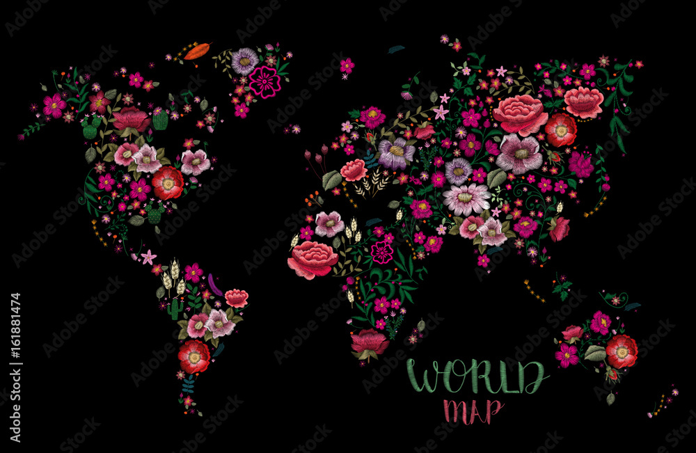 World map. Traditional folk fashionable stylish floral embroidery stitch on a black background. Sketch for printing on clothing, fabric, accessories and design. Windbreak trend