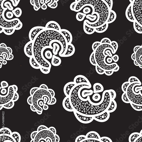 Seamless pattern. White doodle elements on black background. Ornaments for web, wrapping paper, print, card, fabric, textile design. Vector illustration. Bright texture. Abstract backdrop. Aztec style