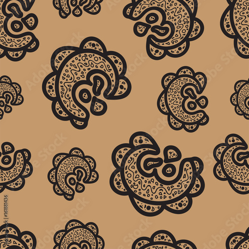 Seamless pattern. Black doodle elements on brown background. Ornaments for web, wrapping paper, print, card, fabric, textile design. Vector illustration. Bright texture. Abstract backdrop. Aztec style