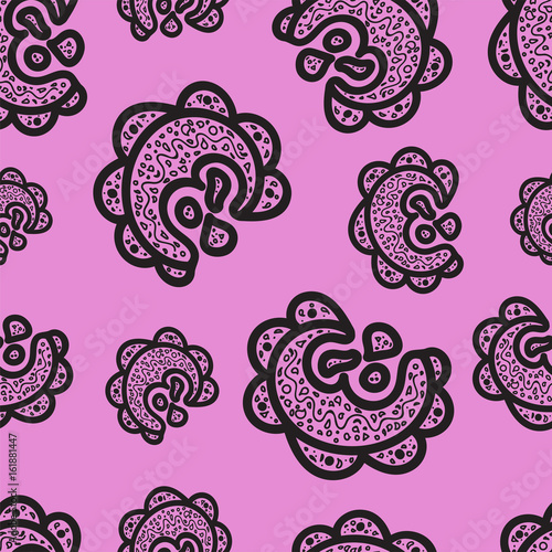 Seamless pattern. Black doodle elements on pink background. Ornaments for web, wrapping paper, print, card, fabric, textile design. Vector illustration. Bright texture. Abstract backdrop. Aztec style.
