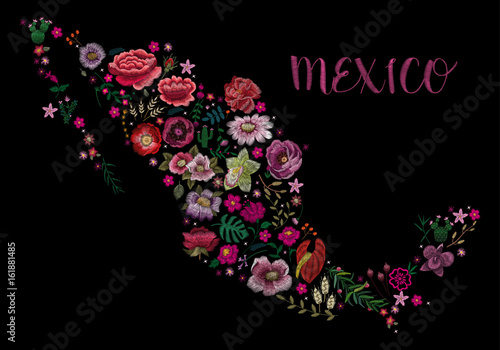 Map of Mexico. Traditional folk stylish stylish floral embroidery on the black background. Sketch for printing on clothing, fabric, bag, accessories and design. vector
