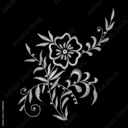 Set of Peony. Traditional folk stylish stylish floral embroidery on the black background. Sketch for printing on clothing, fabric, masks, accessories and design. Trend vector