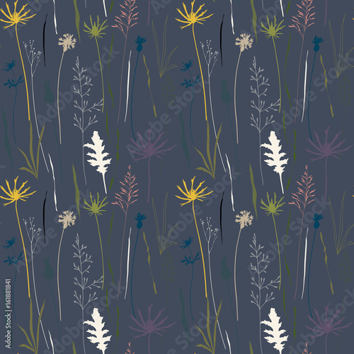 Vector floral seamless pattern with wild meadow flowers, herbs and grasses.