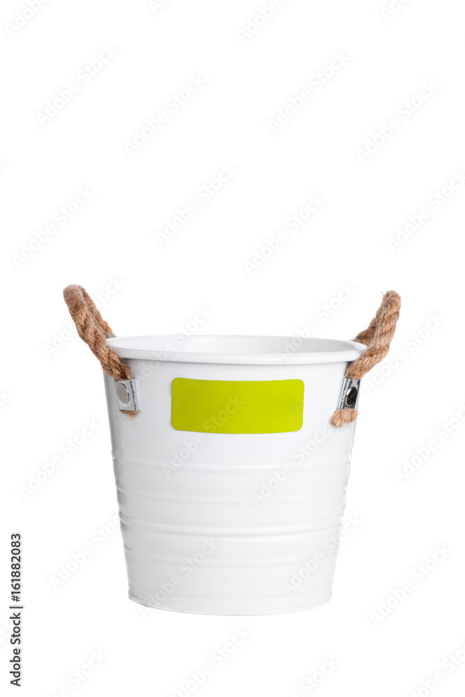 small white bucket with rope handles, isolated on white background small white bucket with rope handles, isolated on white background