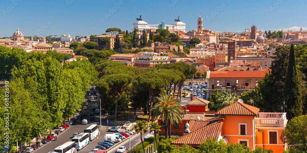 Panoramic aerial wonderful view of Rome with The Palatine Hill and Altar of the Fatherland in the summer day in Rome, Italy