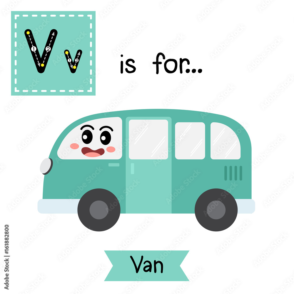 Letter V cute children colorful transportations alphabet tracing