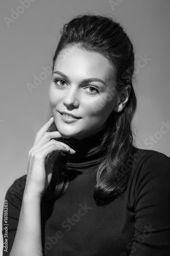 Black and white photo of sensual woman. Retro portraite