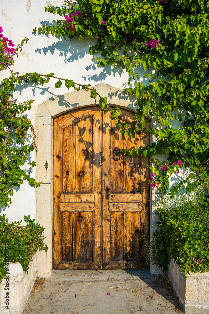 Fototapeta premium Cesme, Turkey - Old wooden door and bougainvillea plant