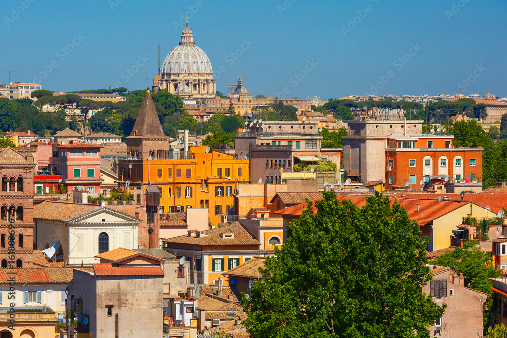Obraz premium Aerial wonderful view of Rome with dome of Saint Peter Cathedral in the summer day in Rome, Italy
