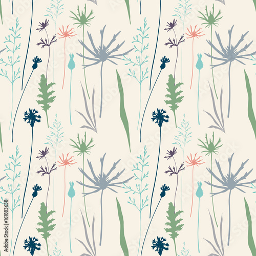 Floral vector seamless pattern with cornflowers, thistles and grasses.