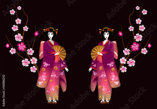 Embroidery japanese women in a kimono, geisha with fan and sakura blossoms.