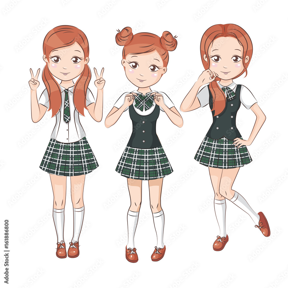 Three cute girlfriends. Set of cute girls with different hairstyles and different stylish school uniform for your design. They smile and showing different signs. Vector isolated on white. Three cute girlfriends. Set of cute girls with different hairstyles and different stylish school uniform for your design. They smile and showing different signs. Vector isolated on white.