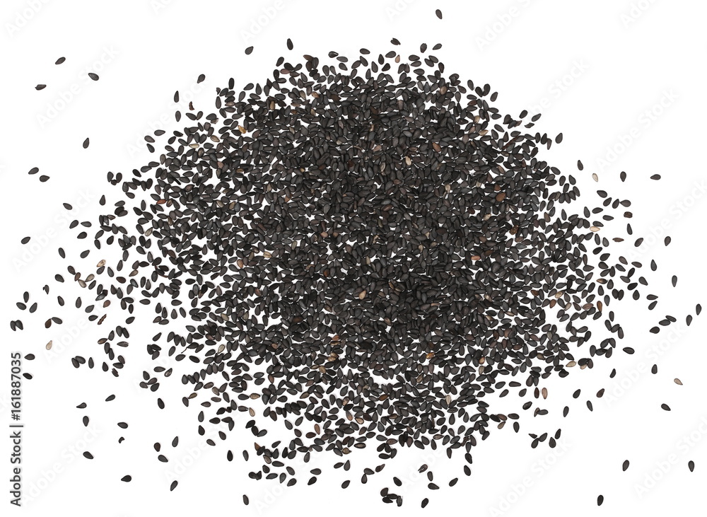 Black organic sesame seeds isolated on white background, top view Black organic sesame seeds isolated on white background, top view