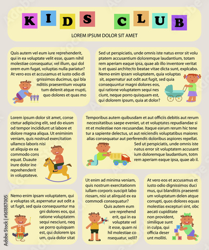 Playground poster for Kids klub, flat illustration of children plays. Place for your text. Funny cartoon character. Vector illustration isolated