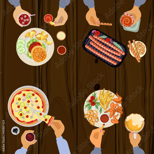 Persons is eating lunch with hamburger, grilled wings, sausages, pizza and beer on wooden table. Top view Vector illustration eps 10