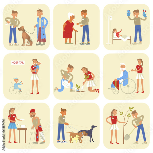 Volunteers characters in flat design. Young people planted plants, trees,  helping ill kids and seniors, feeding homeless men. Vector illustration eps 10