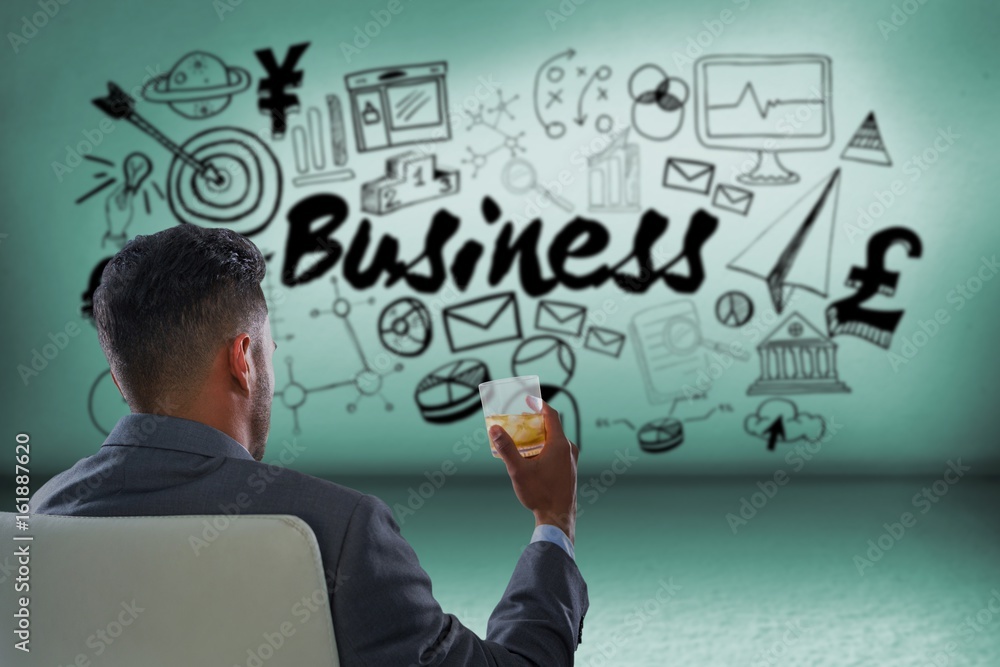 Composite image of rear view of businessman holding whisky glass Composite image of rear view of businessman holding whisky glass