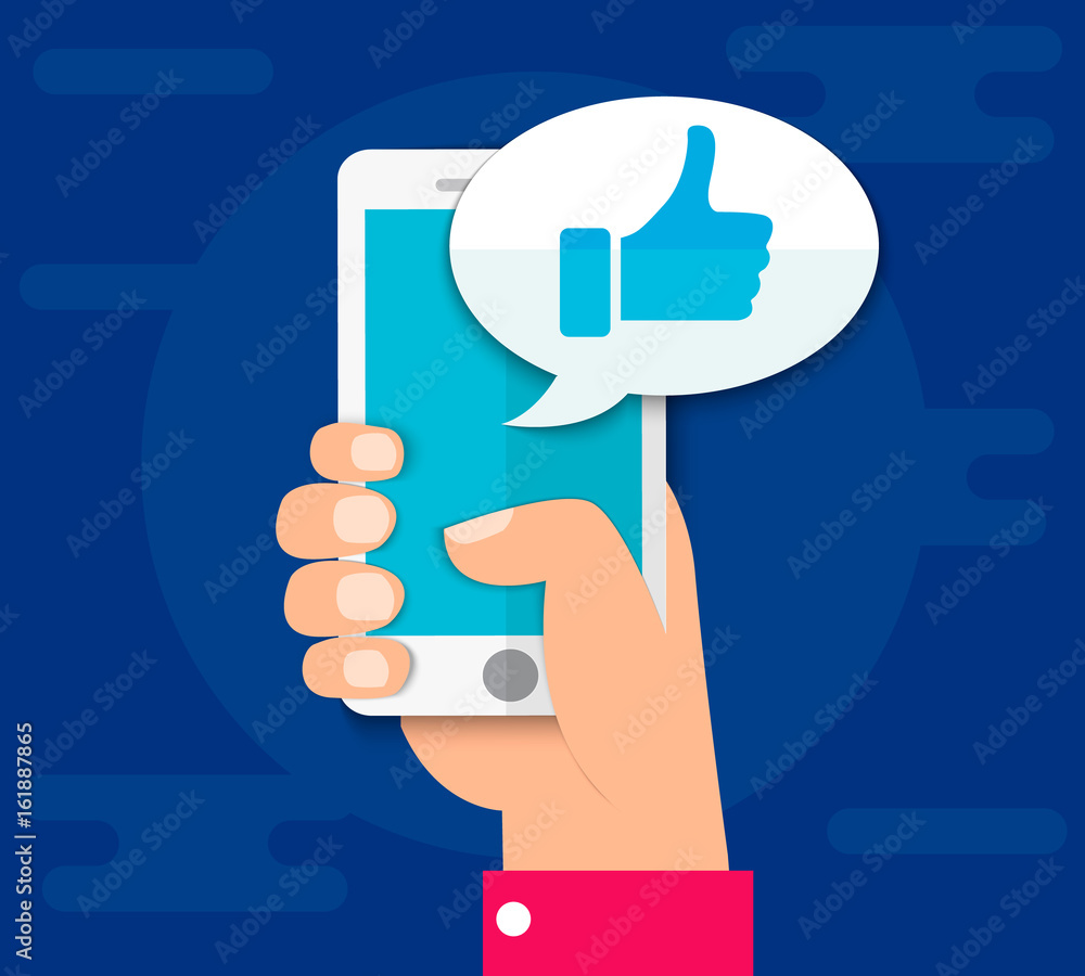 Hand holding smartphone. Thumbs up icon. Social network, social media usage on mobile device. Concept for websites, web banner. Flat design vector illustration. EPS10 Hand holding smartphone. Thumbs up icon. Social network, social media usage on mobile device. Concept for websites, web banner. Flat design vector illustration. EPS10