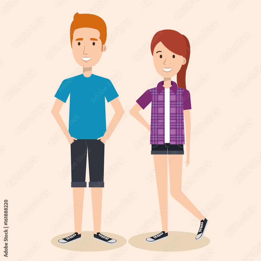 Fototapeta premium Young ginger man and woman over light background vector illustration