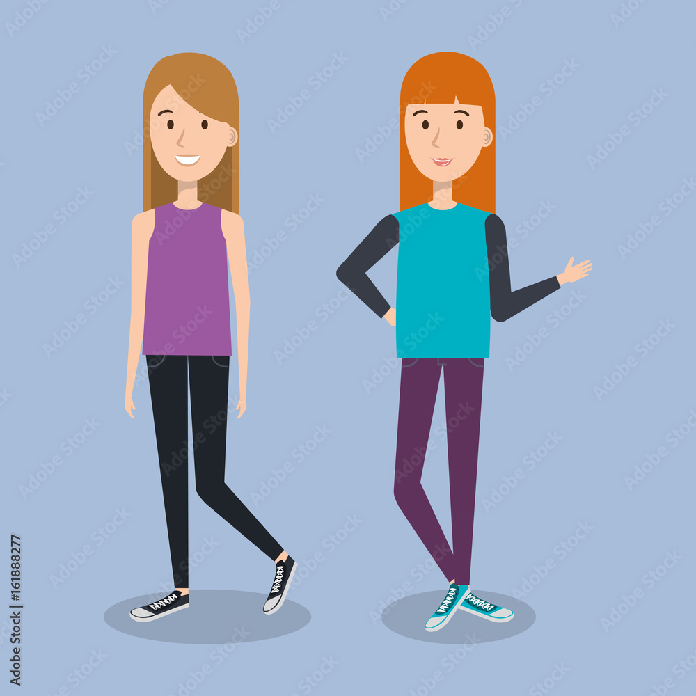 Young ginger and blonde women over blue background vector illustration Young ginger and blonde women over blue background vector illustration