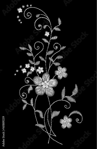 Traditional folk stylish stylish floral embroidery on the black background. Sketch for printing on clothing, fabric, masks, accessories and design. Trend vector