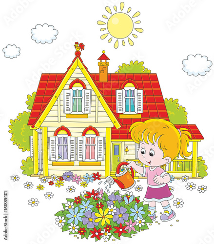 Little girl watering colorf...