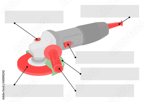 Angle grinder with elements description. Flat vector.