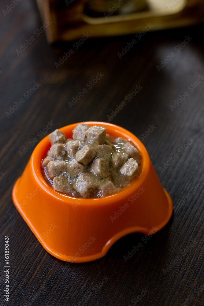 Canned pet food in a orange plastic bowl. Canned pet food in a orange plastic bowl.