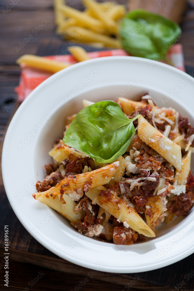 Close-up of a white plate with italian ziti, selective focus, vertical shot Close-up of a white plate with italian ziti, selective focus, vertical shot