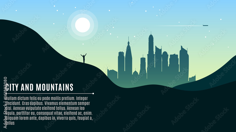 Landscape on the hilly mountains and the big morning city. The traveler waves his hands. A place for your projects. Vector illustration in a flat style