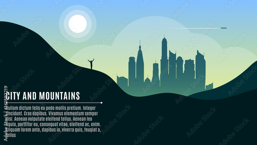 Landscape on the hilly mountains and the big morning city. A happy traveler waving his hands. A place for your projects. Vector illustration in a flat style
