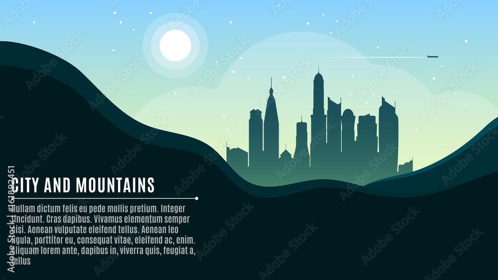 Landscape on the mountains and a big morning city. In the sky the airplane is flying. A place for your projects. Vector illustration in a flat style