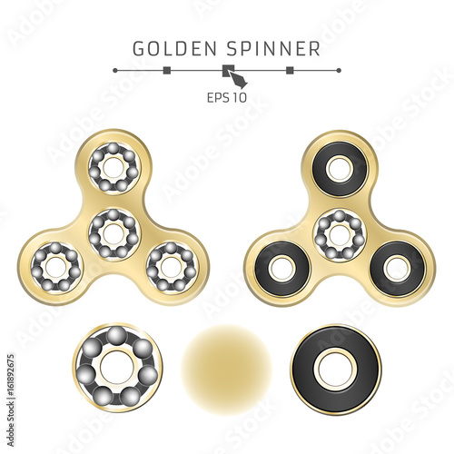 Realistic golden spinner on a white background. Disassembled bearings and details. Modern antistress toy for fingers. Vector illustration