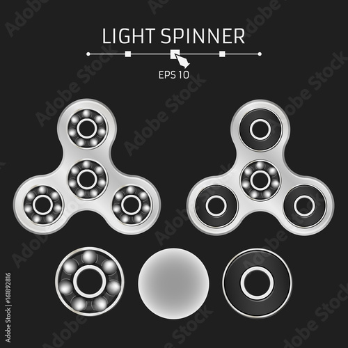 Realistic silver spinner on a black background. Disassembled bearings and details. Modern antistress toy for fingers. Vector illustration