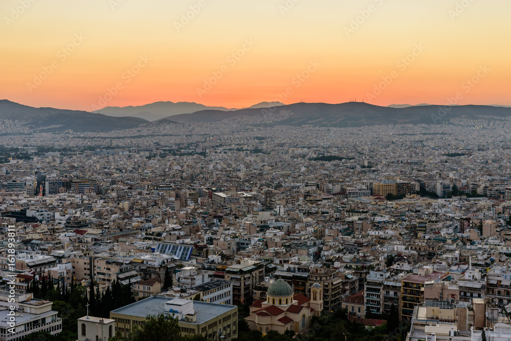 Sunset view of Athens from Lycabettus hill, Athens, Greece