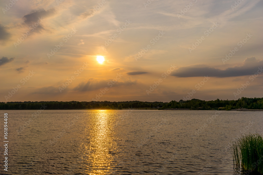 Fototapeta premium Romantic sunset at the Cospudener Lake near Leipzig
