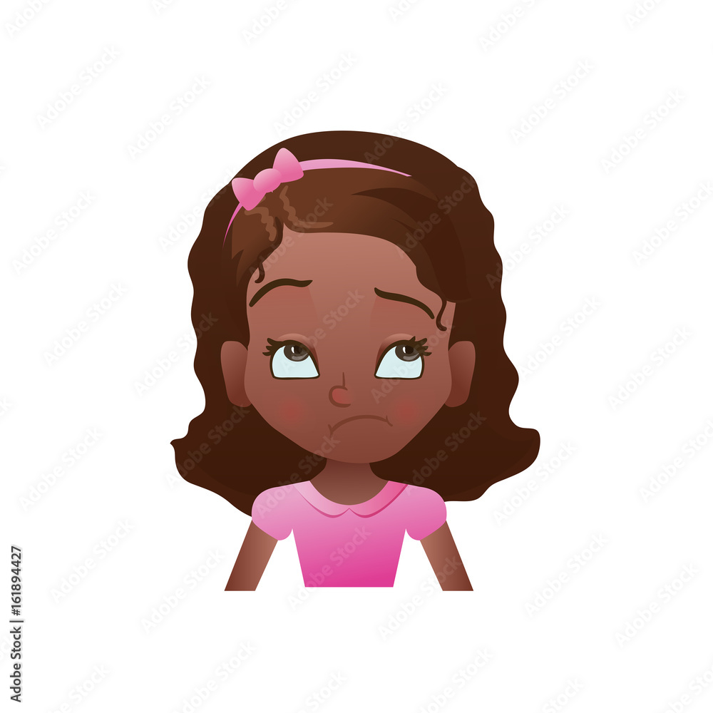Thinking african girl face with cartoon female emoji icon or avatar vector illustration