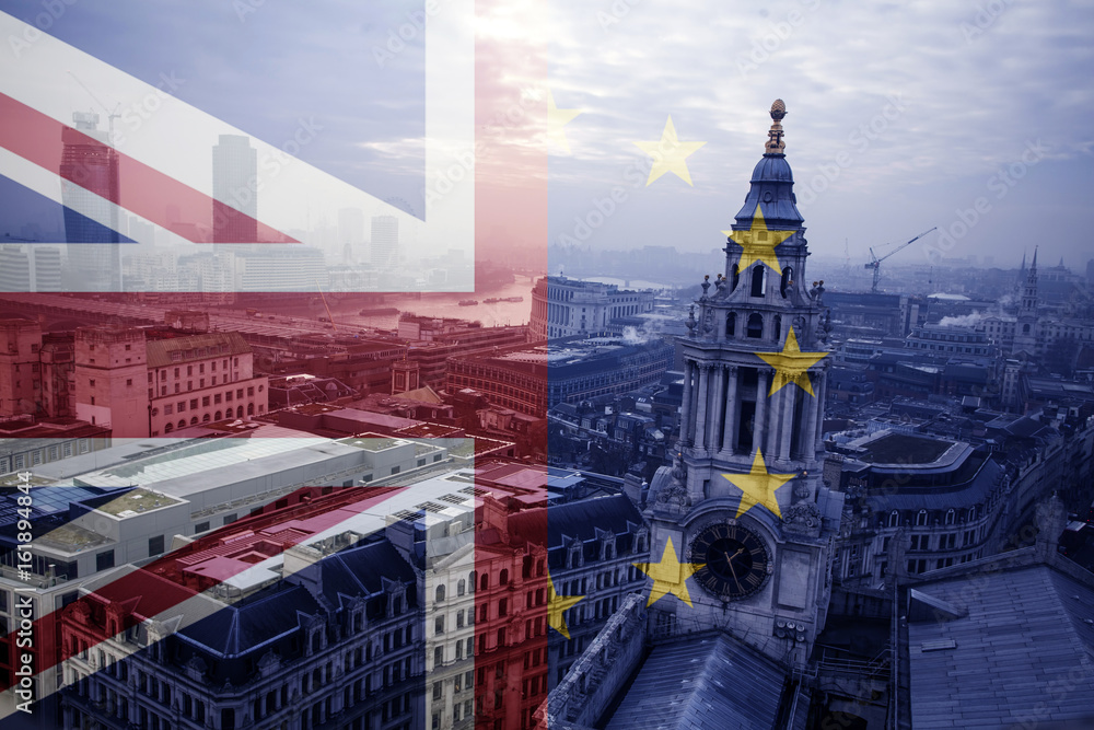 Obraz premium UK flag, EU flag and St. Paul Catherdral
