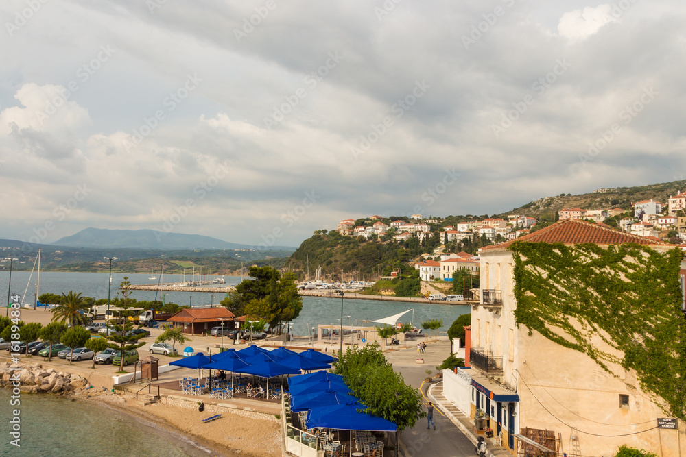 View from hotel to Pylos seafront. Pylos is located in Messinia prefecture, Greece