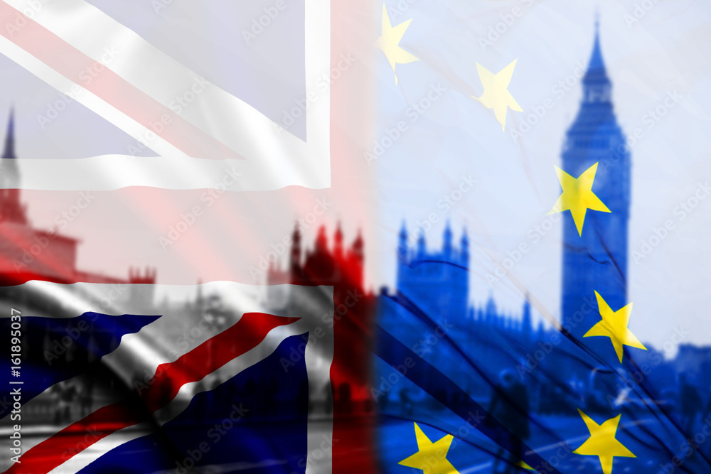 Fototapeta premium UK flag, EU flag and Big Ben