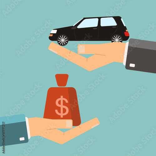 Hands with car and money bag. Exchanging concept. Buying or rent car. Vector
