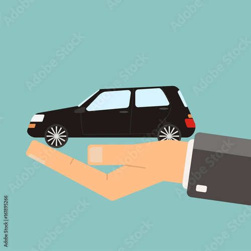 Hand holding black car, vector illustration. Buying or rent car.