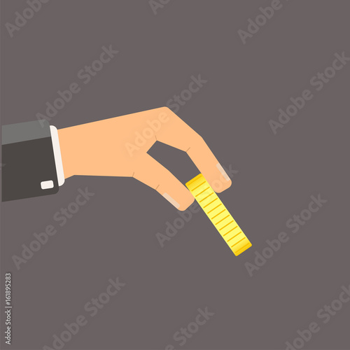 Hand giving gold coin. Flat vector illustration