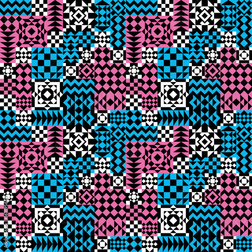 Geometric Patchwork Pattern in Pink and Blue