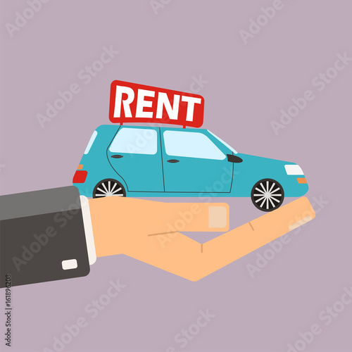 Hands hold car for rent. Buying or rent car. Vector