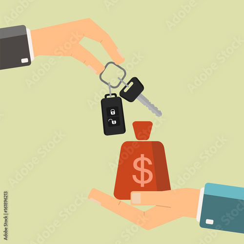 Vector car rental or sale concept. Hand holding car key