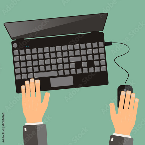 Hand of business man use laptop. Top view, flat design. Vector